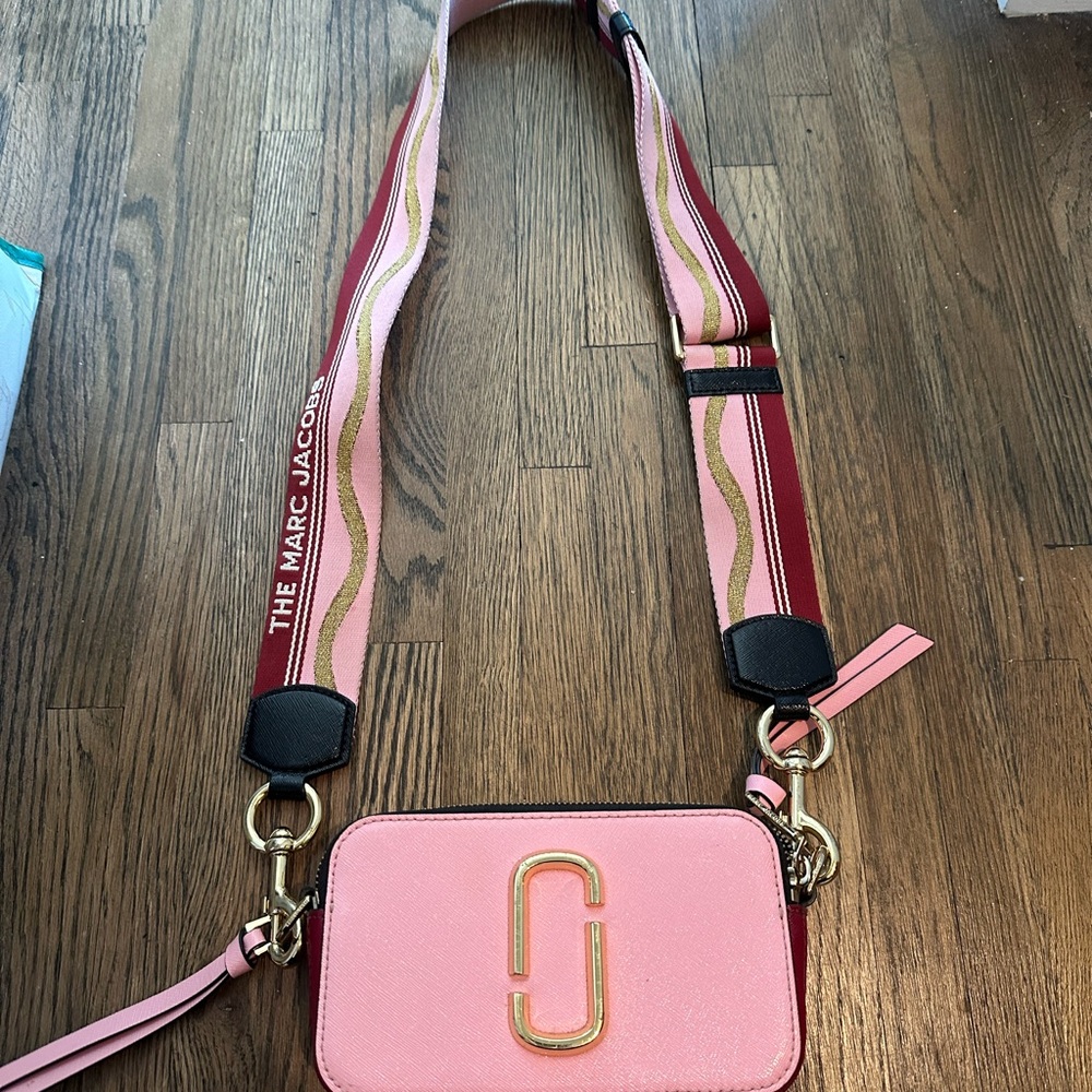 Marc Jacobs Pink Compact Crossbody with Decorative Logo and Striped Strap